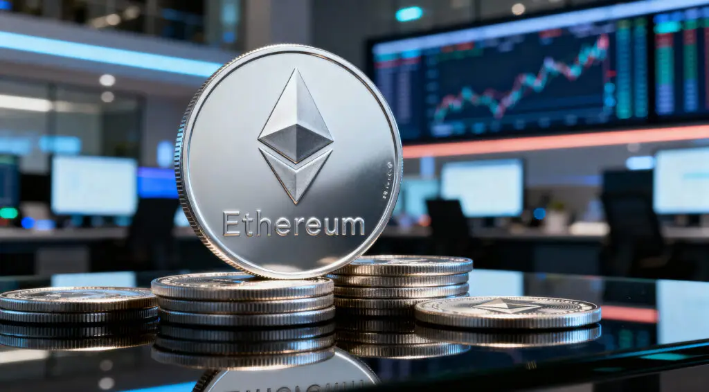 A highly realistic 4K photograph showing a large shiny Solana coin (with its multicolored sheen) placed prominently on a reflective glass table. Next to it, a USDT (Tether) coin is slightly tilted and appearing smaller, symbolizing its reduced dominance. In the background, multiple other altcoins (Ethereum, Cardano, etc.) are scattered neatly, hinting at rotation into alts. The setting resembles a professional trading desk with blurred computer monitors showing faint green upward price movement. Lighting is clean and sharp, with natural metallic reflections on the coins. No text, no holograms — just a realistic financial scene highlighting Solana’s strength and capital flow shift.